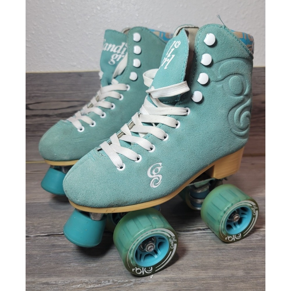 Candi girl roller skates womans size 4 suede teal clear wheels 90's clean